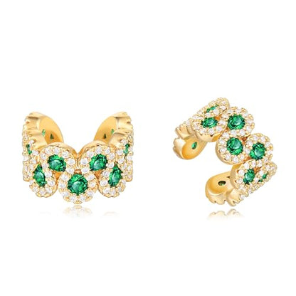 Gold Ear Cuff Earring for Women 14K Gold Plated Cubic Zirconia Non-Pierced Clip on Cartilage Chunky Ear Cuffs Hypoallergenic Jewelry - style: green cz / pair