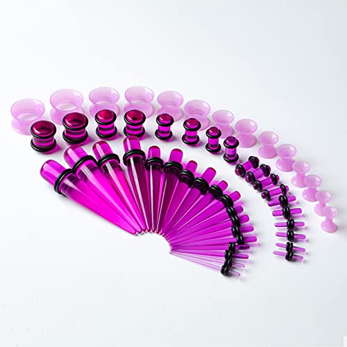 50 Pcs Ear Gauges Stretching Kit 14G-00G | Acrylic Tapers and Plugs Silicone Tunnels, Gauge Expanders Stretching Kit, Piercing Earring Jewelry for Men and Women - color: Purple