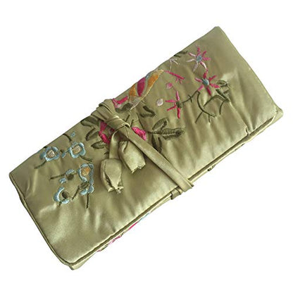 Travel Jewelry Roll Bag - Embroidered Brocade Pouch for Rings, Necklaces, Earrings, Bracelets | Lightweight & Tie Closur (Grass Green) - color: Grass Green