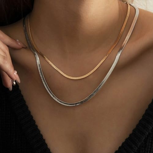Gold Choker Necklace Dainty Cuban Link Necklace Simple Flat Snake Chain Necklace Layered Herringbone Necklace Hip Hop Jewelry for Women - style: Style-4