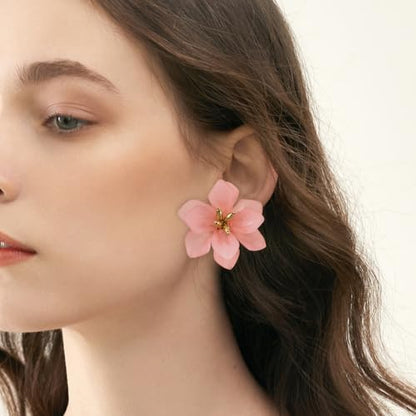 LAXPICOL Fashion Big Flower Clip On Earrings For Women Cute Lovely Acrylic Flower Earrings No piercing Earrings 2.36" - color: pink