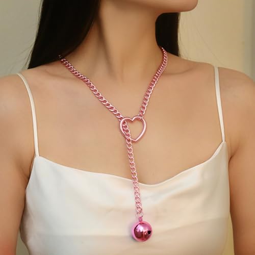 Slip Chain Choker for Women Handmade Black Stainless Steel Cuban Chain Chunky Moon Bat Raven Skull Pendant Gothic Punk Rock Collar Adjustable Lariat Y Necklace for Men - style: Pink bell