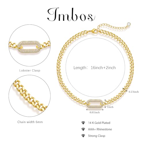 IMBOS 14K Gold Plated Chunky Chain Choker Necklaces for Women Chunky Gold Necklace Tennis Necklace for Women CZ Love Chain Cuban Link Choker Jewelry Gifts - color: Gold-Paperclip Cuban