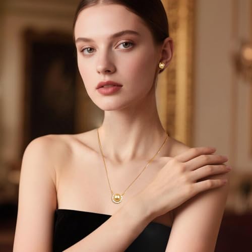 YAMI Pearl Jewelry Set for Women, Natural Cultured Pearl Necklace&Earrings | 11-12mm Pearl, 925 Sterling Silver with 5A Cubic Zirconia, Wedding Jewelry Sets, Valentine's Day/Mother's Day/Christmas Gift - color: Gold