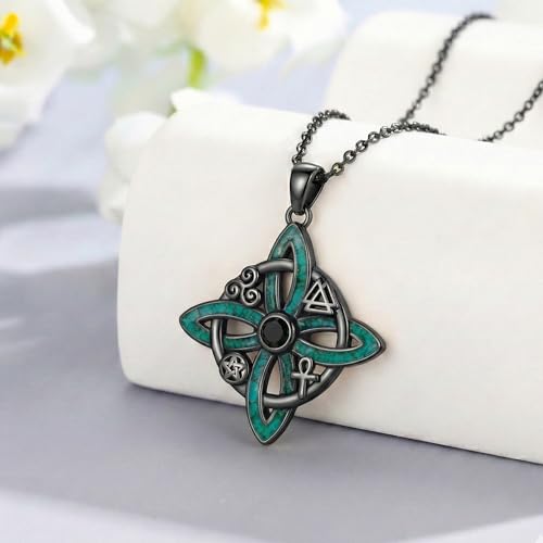 Witch Necklace 925 Sterling Silver Pentagram Triple Moon Pentacle Pendant Wiccan Pagan Jewelry Witchy Gifts for Women - style: Witches Knot-Malachite