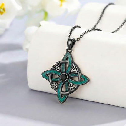 Witch Necklace 925 Sterling Silver Pentagram Triple Moon Pentacle Pendant Wiccan Pagan Jewelry Witchy Gifts for Women - style: Witches Knot-Malachite