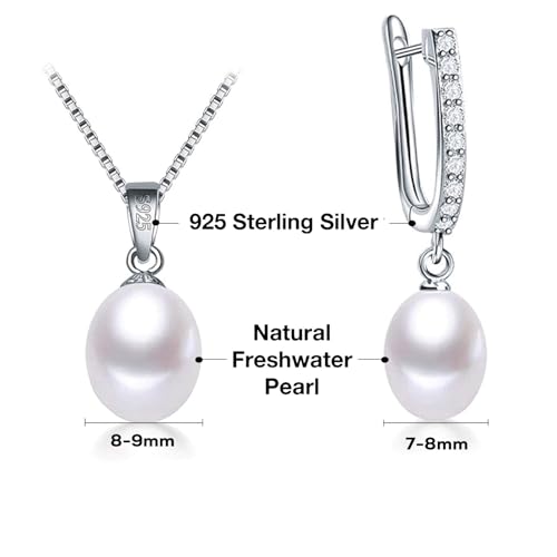 Pearl Jewelry Set For Women Pearl Pendant Necklace & Pearl Earrings with Sparkling Rhinestones 925 Sterling Silver Freshwater Pearl Drop Jewelry Set for Wedding Prom Gift - color: Silvery-White