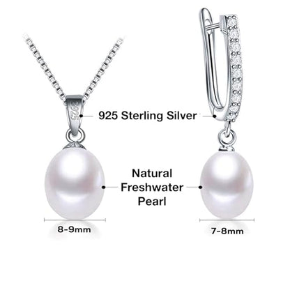 Pearl Jewelry Set For Women Pearl Pendant Necklace & Pearl Earrings with Sparkling Rhinestones 925 Sterling Silver Freshwater Pearl Drop Jewelry Set for Wedding Prom Gift - color: Silvery-White