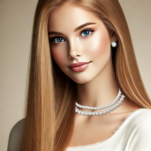 2 Pack Round Imitation Pearl Necklace – Wedding Pearl Necklace for Brides, 8mm & 6mm – Elegant Bridal & Everyday Jewelry, Handmade Pearls with Alloy Hooks