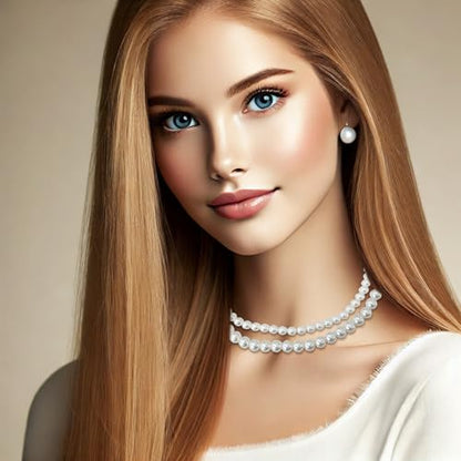 2 Pack Round Imitation Pearl Necklace – Wedding Pearl Necklace for Brides, 8mm & 6mm – Elegant Bridal & Everyday Jewelry, Handmade Pearls with Alloy Hooks