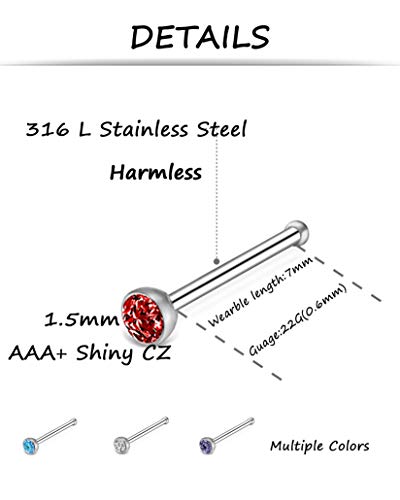 Tornito 100Pcs Bone Nose Studs Stainless Steel Multicolor Cubic Zirconia Nose Rings Stud Hoop Tragus Cartilage Nose Ring Labret Nose Piercing Pin Jewelry for Women Men 1.5mm 2mm 2.5mm 20G 22G - style: D:60Pcs 1.5 mm CZ+40Pcs 8mm Nose hoop