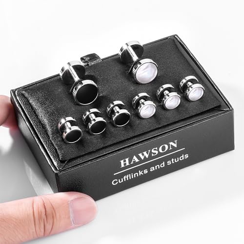 HAWSON Fashion Mother-of-Pearl Tuxedo Shirt Button and Cufflink Set, Specially Designed for Wedding Business - color: Mother of pearl & onxy