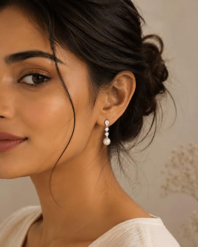 Pearl Earrings for Women, 14k Gold Plated Trendy Diamond Pearl Drop Earrings Hypoallergenic Dainty Bridal Gifts Wedding jewelry for Women - color: Silver-Pearl Style C