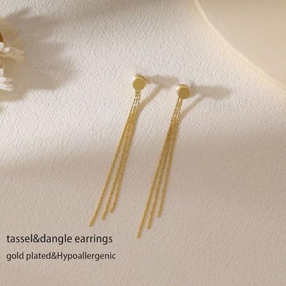 Gold Earrings for Women, 14K Gold Plated Tassel Dangle Earrings for Women Trendy Hypoallergenic Long Chain Earring Dainty Pearl Drop Earrings Elegant Wedding Earring Fashion Jewelry for Womens - color: Gold-Style 3
