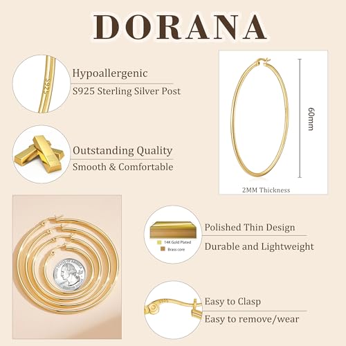 2mm Thin 14K Gold Plated Large S925 Sterling Silver Hoop Earrings for Women Hypoallergenic Big Hoop Non Tarnish Earrings Lightweight 20/30/40/50/60/70mm - color: Gold-60mm