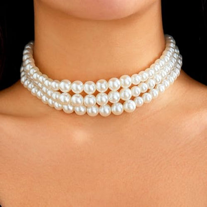 Boho Choker Necklaces for Women - Faux Round Pearl Layered Fashion Chunky Thick Clavicle Necklace Wedding Bride Jewelry Gifts - color: Style B