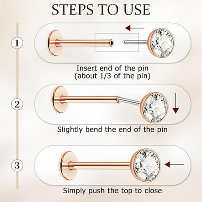 NICEIGHT 4Pcs 16G G23 Titanium Threadless Push in Labret Monroe Studs Lip Rings Hypoallergenic Cartilage Stud Earrings for Sensitive Ear Flat Back Stud Helix Tragus Conch Piercing Jewelry 6/8/10MM - color: Rose Gold, size: 6MM