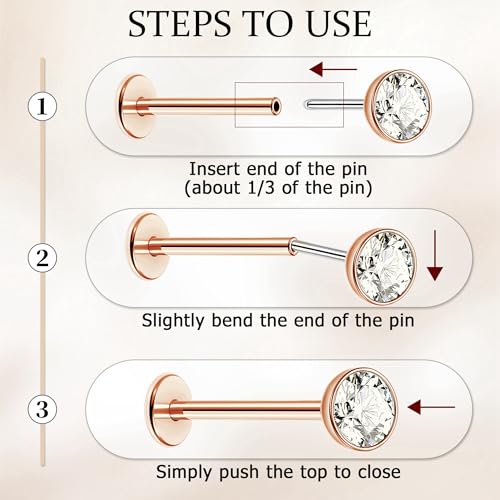 NICEIGHT 4Pcs 16G G23 Titanium Threadless Push in Labret Monroe Studs Lip Rings Hypoallergenic Cartilage Stud Earrings for Sensitive Ear Flat Back Stud Helix Tragus Conch Piercing Jewelry 6/8/10MM - color: Rose Gold, size: 8MM