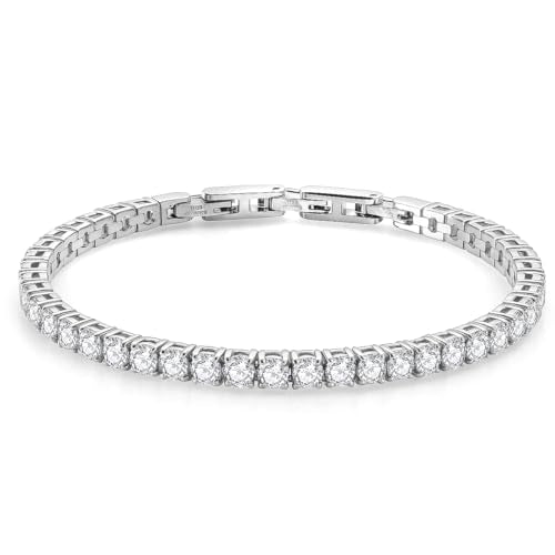 Stainless Steel Adjustable CZ Tennis Bracelet for Women Men | 14K Gold Plated, Round 3mm/4mm/5mm AAAA+ Cubic Zirconia, Dainty Classic, Festival Wedding Jewelry Gift - color: Steel, size: CZ 4mm