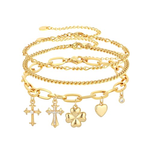 3PCS Charm Gold Bracelets for Women Non Tarnish,14k Plated Gold Bracelet Stack Cute Dainty Stackable Trendy Bow Cross Clover Bracelets Set Tarnish Free Gold Jewelry for Women Gifts - color: Cross-Gold