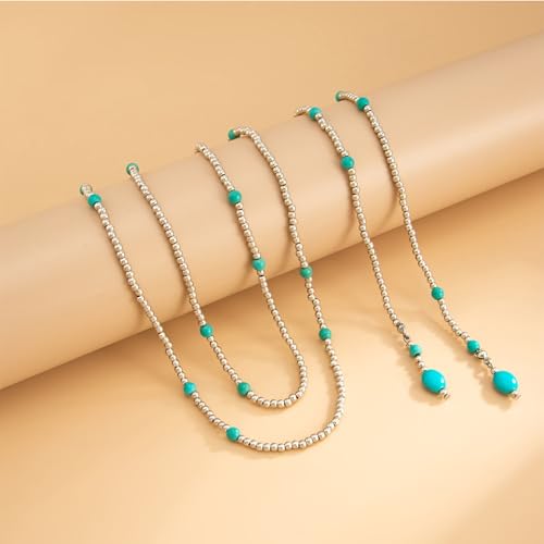 Long Wrap Necklaces for Women Dainty Layered Pearl Chain Necklace Turquoise Wrap Necklaces Long Lariat Necklace Statement Y-shaped Beaded Choker Trendy Costume Jewelry Accessories - color: Silver turquoise