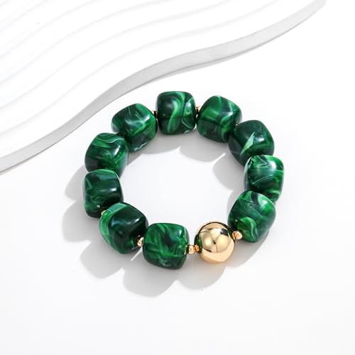 WOWORAMA Chunky Beaded Bracelets for Women Colorful Large Square Beads Bracelet Boho Acrylic Resin Stretch Bracelets Statement Chunky Bracelet Summer Jewelry - color: Square-Dark Green