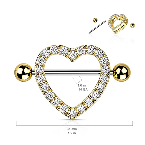 Pierced Owl - 14GA Stainless Steel Gem Paved Heart Nipple Shields, Sold as a Pair - style: Pink