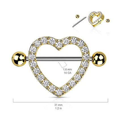 Pierced Owl - 14GA Stainless Steel Gem Paved Heart Nipple Shields, Sold as a Pair - style: Pink