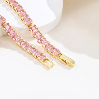 18K Gold Plated 5.0mm Pink Cubic Zirconia Tennis Bracelet|5.9-7.5in Multi-Size Classic Women's Tennis Bracelet - size: Square4mm 6.3 in/16cm