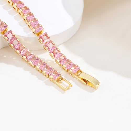 18K Gold Plated 5.0mm Pink Cubic Zirconia Tennis Bracelet|5.9-7.5in Multi-Size Classic Women's Tennis Bracelet - size: Square4mm 6.7 in/17cm