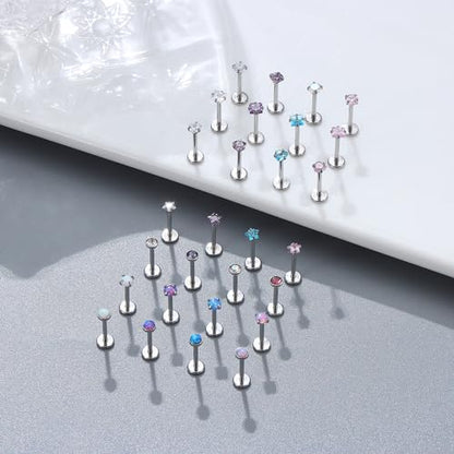 Besteel 28Pcs Threadless Nose Rings Studs Set Surgical Steel Lip Nostril Labret Medusa Piercing Jewelry Push in Tragus Conch Helix Flat Back Earrings for Women Men 16G 18G 20G 6/8mm - style: 18G-8MM