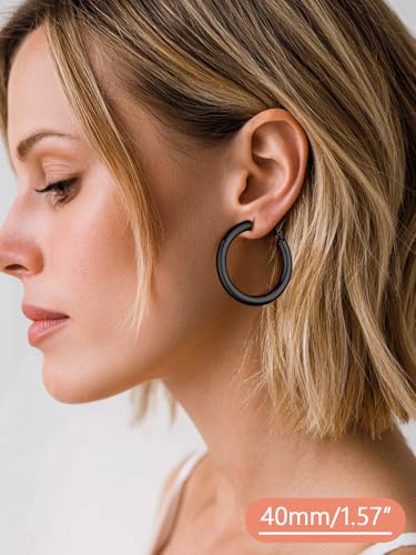 FaithHeart Silver/Black/Gold Stainless Steel Chunky Hoop Earrings for Women | Hypoallergenic Lightweight Hoop Earrings, Trendy Statement Thick Hoop, 20/30/40/50/60/70/80mm - color: Black, size: 40mm