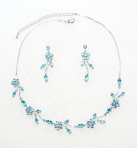 Faship Gorgeous Rhinestone Crystal Floral Necklace Earrings Set - color: Aqua