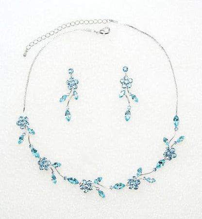 Faship Gorgeous Rhinestone Crystal Floral Necklace Earrings Set - color: Aqua