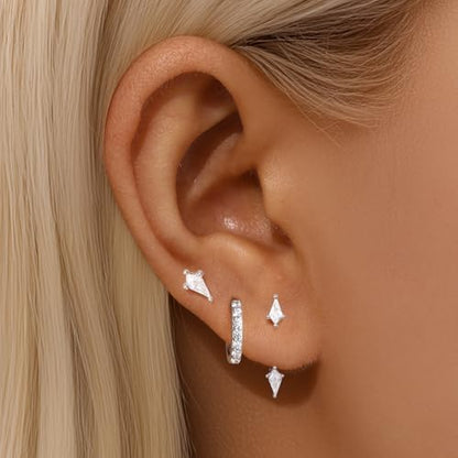 3 Pairs Stackable Kite Stud Earrings Set for Women Trendy | Dainty Birthstone Stud Gold & 925 Sterling Silver Huggie Hoop Jacket Stack Earrings for Women 2026 - color: Silver-Zircon