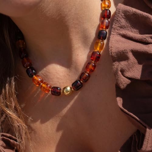 Chunky Colorful Beaded Choker Necklace for Women, Summer Beach Statement Resin Beads Necklace, Trendy Womens Summer Beach Jewelry Birthday Gifts for Vacation Holiday - color: Square Brown Bead