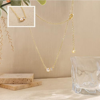 Pearl Necklaces for Women,Dainty Gold Pendant Necklaces Waterproof Jewelry | 14K Gold Plated Pearl Necklaces,Dainty Elegant Wedding Necklace,Small Cute Adjustable Minimalist Necklace,Non Tarnish Jewelry - color: GOLD-9