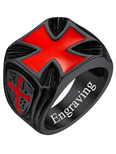 FaithHeart Mens Stainless Steel Crusader Jerusalem Cross Ring with 18K Gold Plated Two Tone Ring Size 7,8,9,10,11,12 - color: 07. Shield Cross-Black(Custom)