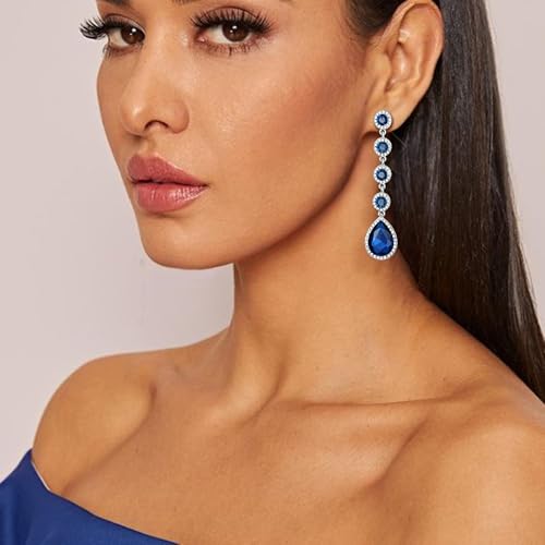 EleQueen Women's Wedding Crystal Teardrop Pear Shape 3 Inch Clip on Long Dangle Earrings for Bride Bridesmaid, Jewelry for Party Prom/Anniversary - color: Navy Blue Silver-Tone