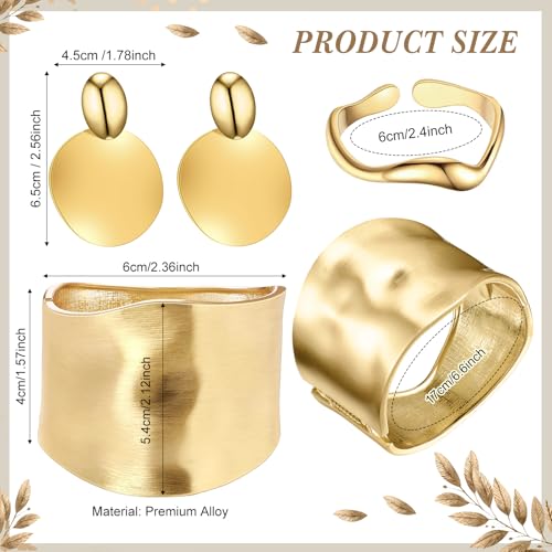 Misdary 3 Pcs Jewelry Gifts Set Bracelets Earrings Ring Cuff Bangle for Women Wedding Birthday Gifts - color: Gold, style: Frosted