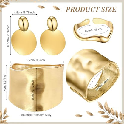 Misdary 3 Pcs Jewelry Gifts Set Bracelets Earrings Ring Cuff Bangle for Women Wedding Birthday Gifts - color: Gold, style: Frosted