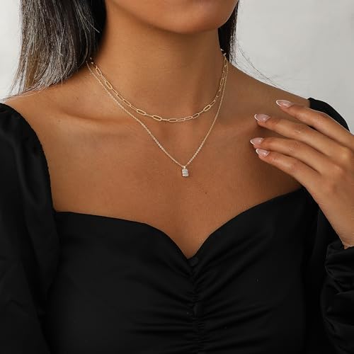 Coshilta Layered Gold Necklaces for Women, 14K Plated Gold Sterling Silver Plated Dainty Pendant Necklace Set with Cubic Zirconia,Stackable Chain Choker,Trendy Personalized Jewelry Gift Non Tarnish - style: C-N0495-CZ