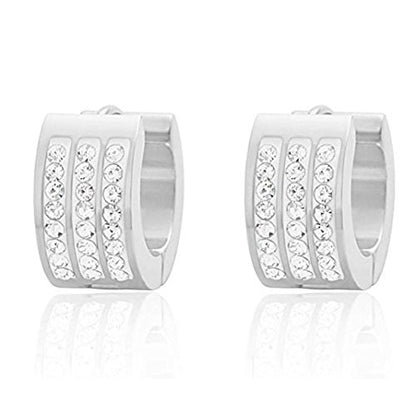 Women's 3 Rows of 8 AAA Cubic Zirconia Stones Huggie Hoop Earrings - color: Silver