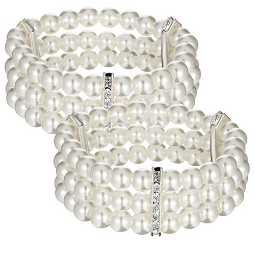 2Pcs Pearl Bracelets for Women, 1920s Vintage Pearl Stretch Bracelet 3-Rows Fake Pearls Bracelet for Women Bridal Wedding Jewelry(White)