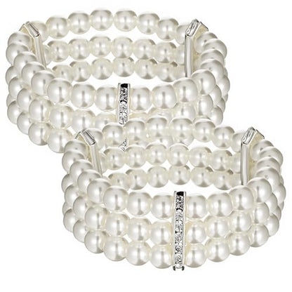 2Pcs Pearl Bracelets for Women, 1920s Vintage Pearl Stretch Bracelet 3-Rows Fake Pearls Bracelet for Women Bridal Wedding Jewelry(White)