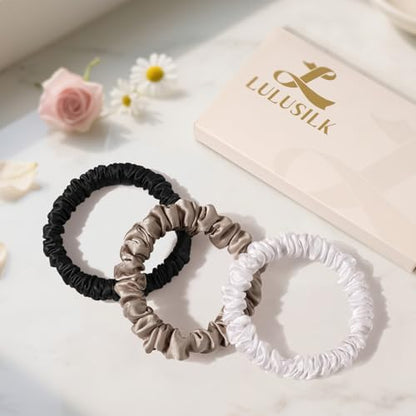 LULUSILK Small Silk Hair Ties No Damage, 100% Real Mulberry Silk, Skinny Scrunchies Ponytail Holders for Thin Fine Hair, Black White and Brown, Pack of 3 - color: Black&White&Brown