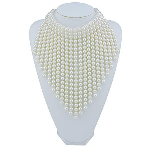 Coiris Boho African Wooden or Acrylic Beaded Bib Statement Necklace Strands Layered Cluster Chunky Collar Choker Wood Necklace for Women Fashion Costume Jewelry - color: Pearl
