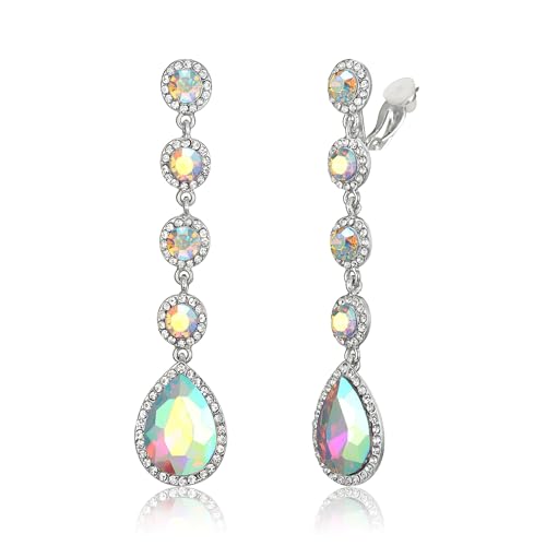 EleQueen Women's Wedding Crystal Teardrop Pear Shape 3 Inch Clip on Long Dangle Earrings for Bride Bridesmaid, Jewelry for Party Prom/Anniversary - color: AB Iridescent Silver-Tone