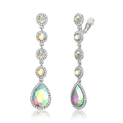 EleQueen Women's Wedding Crystal Teardrop Pear Shape 3 Inch Clip on Long Dangle Earrings for Bride Bridesmaid, Jewelry for Party Prom/Anniversary - color: AB Iridescent Silver-Tone