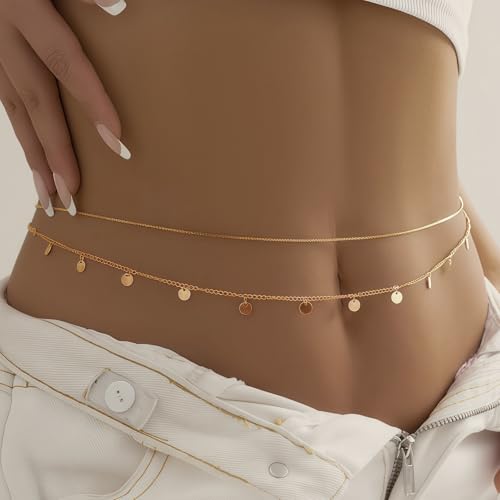 14K Gold Plated Waist Chain for Women, Layered Belly Body Chain | 2Pcs Adjustable Fit, Layered Design, Dainty Chain Styles, Bikini, Dress & Rave Outfits, Beach, Festival & Vacation - color: Gold-Plated 4